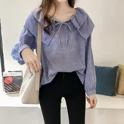 Блузка Женская Топ полосатая рубашка Корейская одежда печать длинный рукав v-образным вырезом свободная блузка Новая blusas mujer de moda 2019