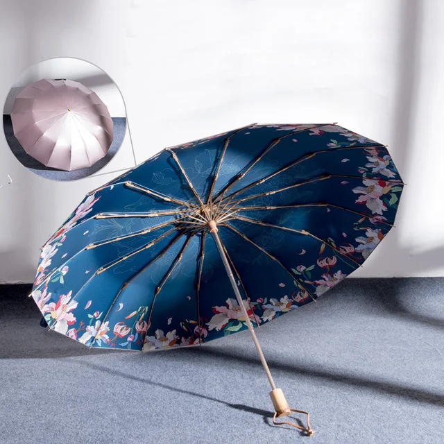 2020 Divat 16Ribs Eső Esernyők A Nők Számára Szélálló Fa Fogantyú Három Hajtogatott Uv-Ellenes Napsósító Parasol Guarda Chuva - Image 2