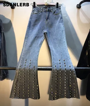 

Flare Pants Female Autumn Wear New Heavy Work Vertical Strip with Drill Beads Ironing High-waist Slim Jeans Girls Pants Trousers