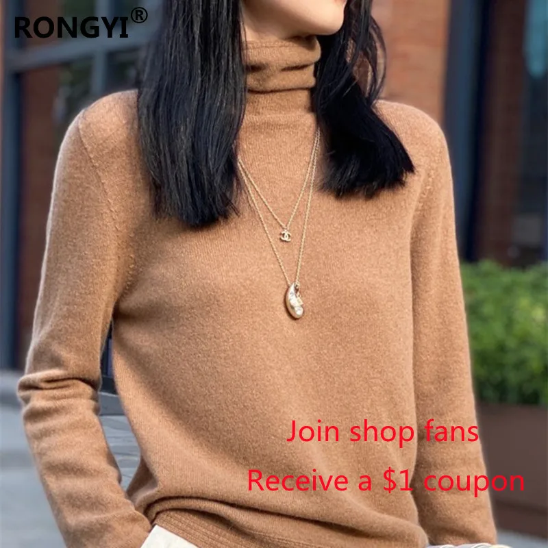 RONGYI Ladies 100%Pure Wool Sweater Spring Autumn New High Neck Tops Large Size Knit Pullover Warm Long-Sleeve Cashmere Sweaters sweater hoodie Sweaters