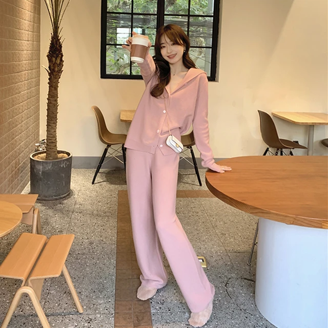 Autumn Winter Casual Knitted 2 Pieces Set Women Hooded Cardigans & Wide Leg Lace-up Knitted Pants Female Sweater Set Pink