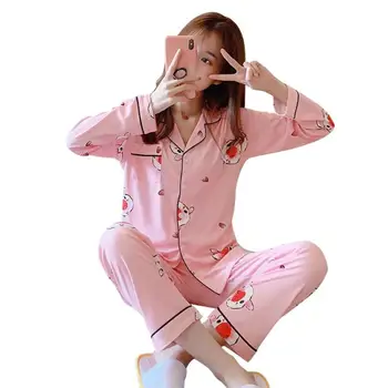 

Spring Autumn Women Pajama Set Excellent Durable Polyester Milk Silk Fabric Cute Korean Cardigan Casual Long Sleeve Nightwear