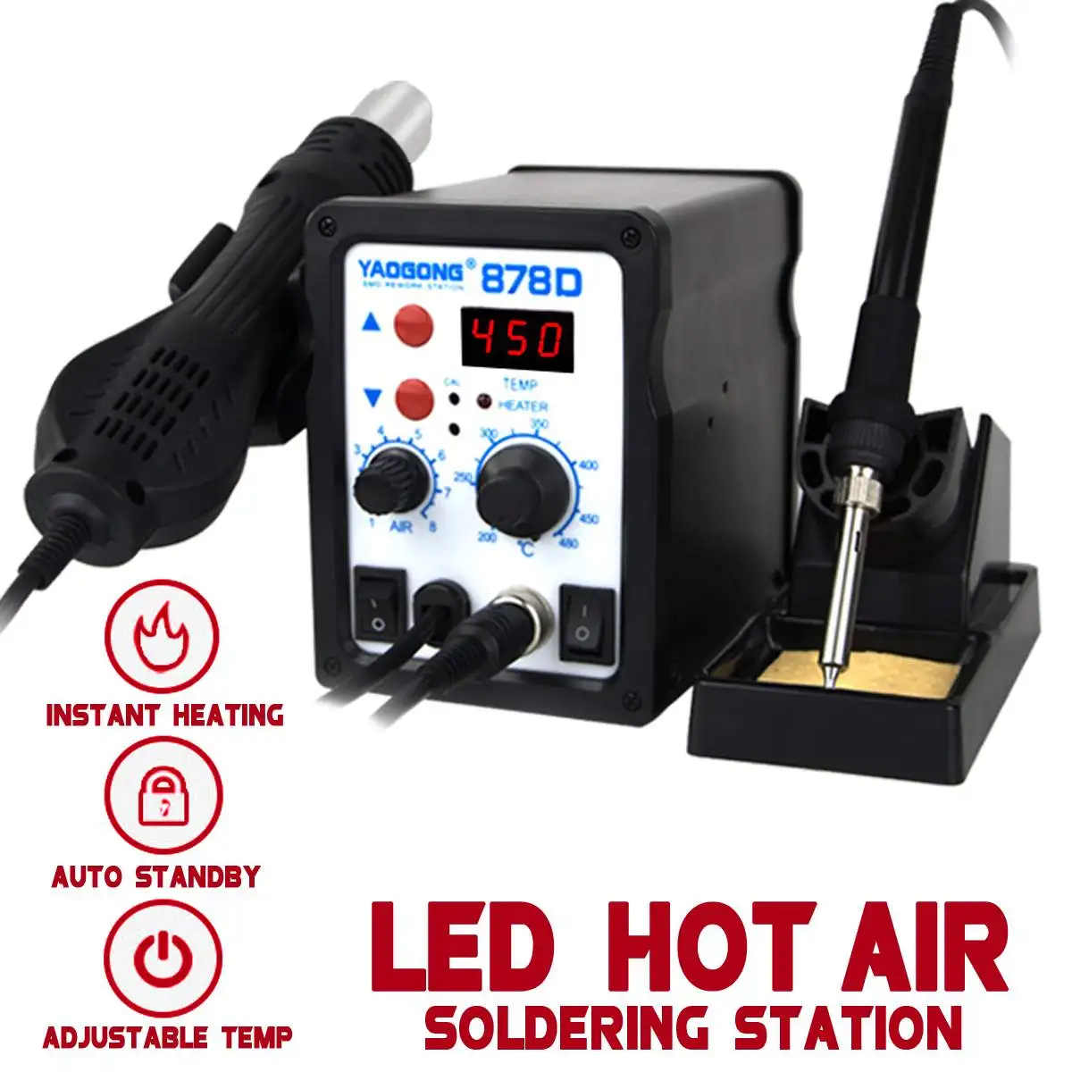 

Hot Air Gun Heat Gun 878D 750W 220V Adjustable Temperature LED Digital Display Electronic Component Soldering De-soldering New