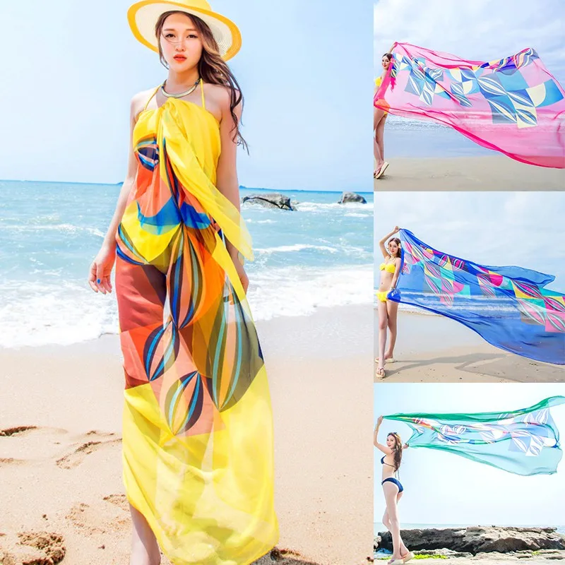 EFINNY 140x190 см парео-шарф женские пляжные саронги Летние шифоновые шарфы геометрический дизайн