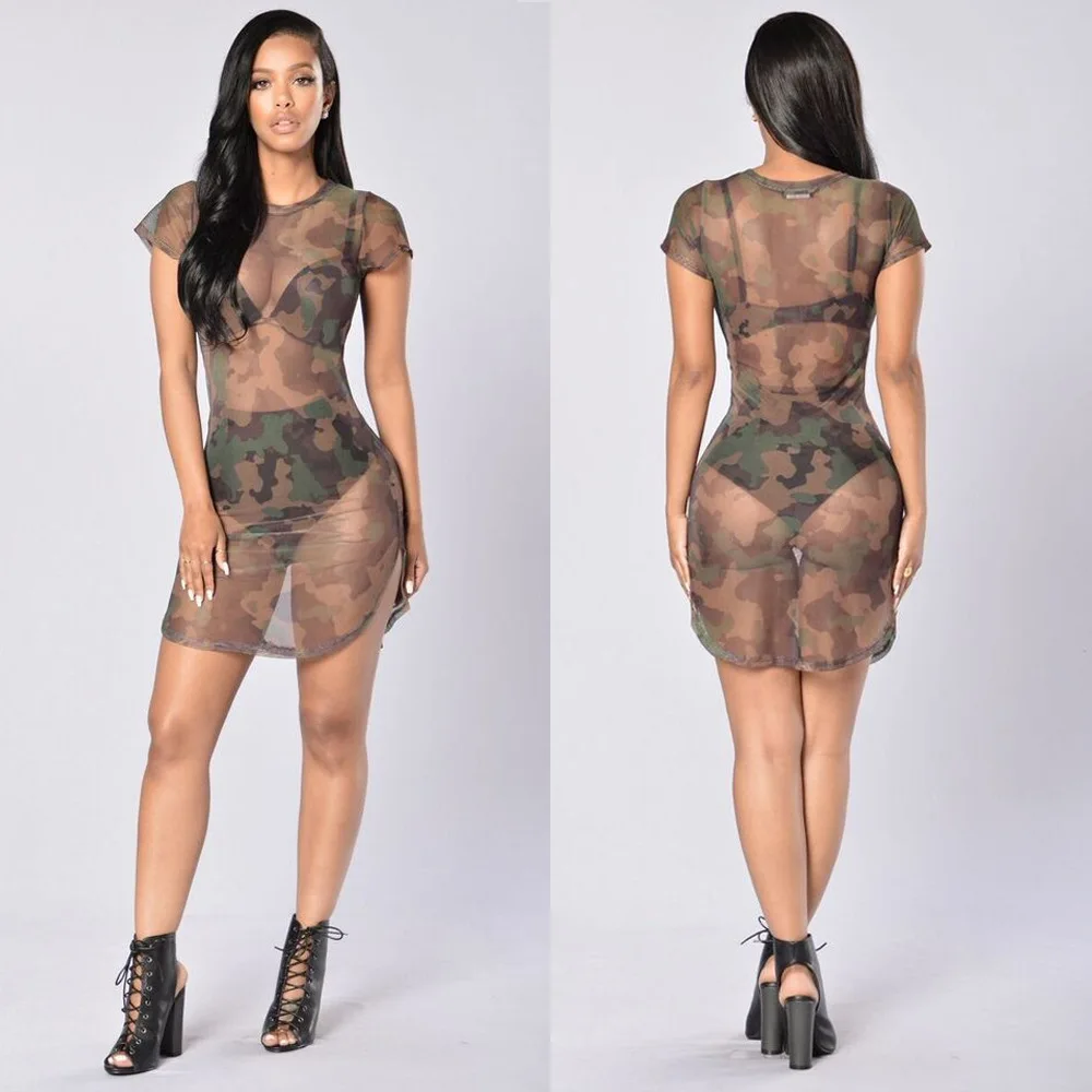 

Europe And America WOMEN'S Dress Camouflage Gauze Sexy Perspective Short-sleeve Dress