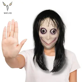 

Waylike Momo Scary Halloween Mask Party Latex Clown Cosplay Full Head Momo Ghost Mask Big Eye With Long Wigs Masquerade