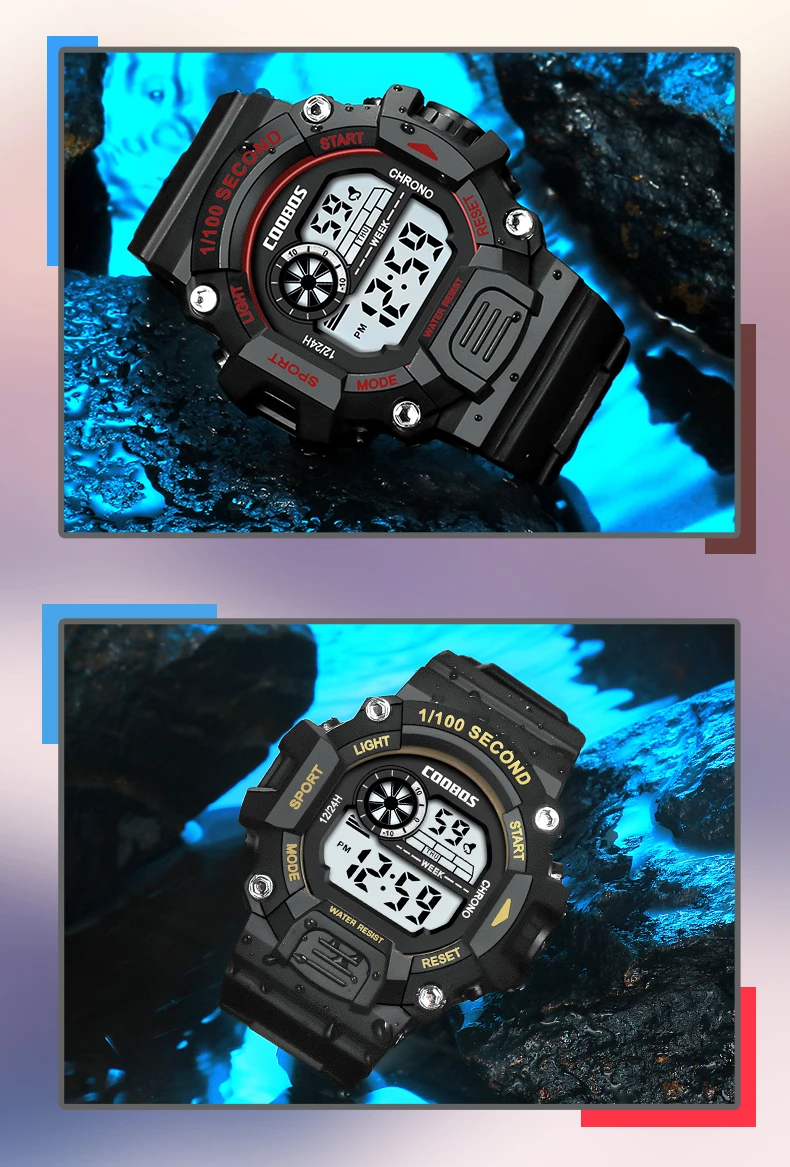 Coobos Men Digital Watch 2022 Birthday Gift Silicone Strap 1/100 Second Sport Clock Green Light Waterproof Wrist Watches for Man