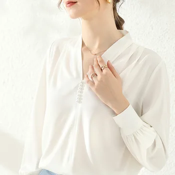 

tong qin zhuang Shirt Women Long Sleeve Salt of V-neck Chiffon Tops Spring and Autumn Goddess Fan Elegant Drape Shirt-820306