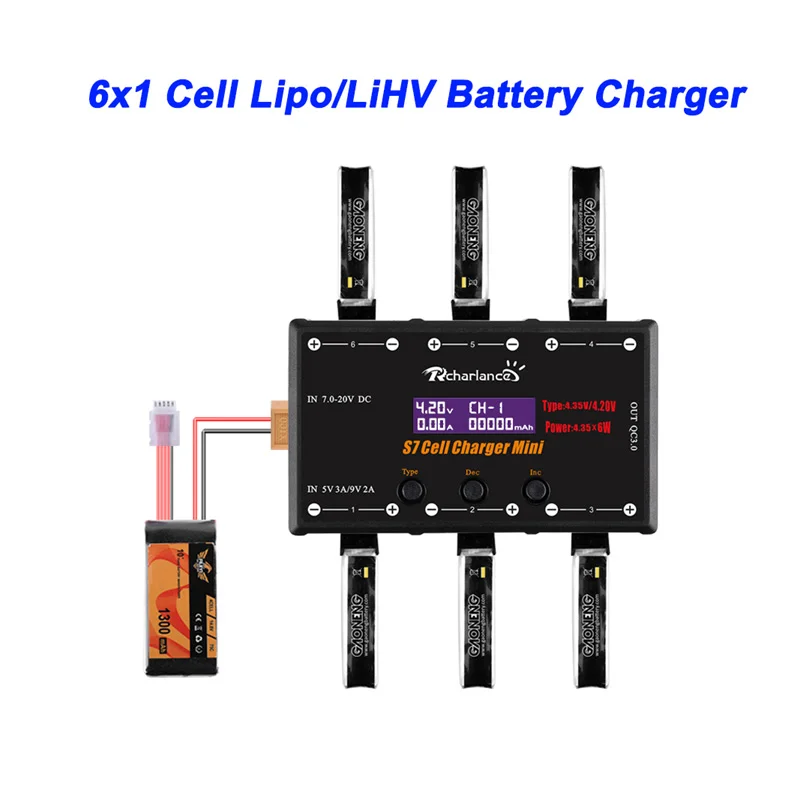 S7 1S зарядное устройство 6 каналов 6x4 35 Вт LiPO LiHV с USB Micro MCX mCPX MOLEX красочный экран для