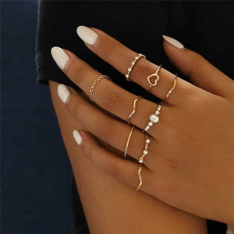 VAGZEB 9 шт./компл. богемные женские кольца Модный позолоченный металл вечерние ювелирные украшения, обручальное кольцо набор для женщин - Цвет основного камня: R00080