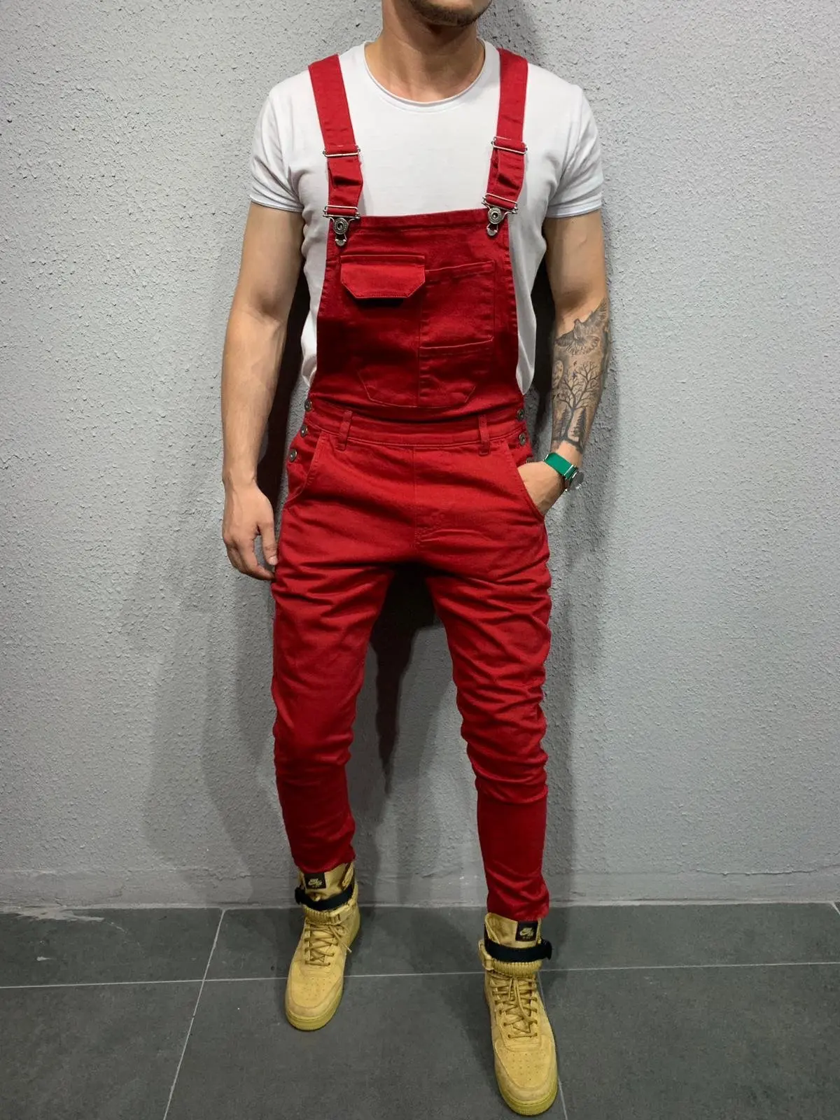 mens stretch jeans 6color Fashion New Men Khaki Red ArmyGreen White Denim Bib Overalls S-XXXL Jumpsuits Hip Hop Jeans Moto Biker Pants Trousers jeans pant