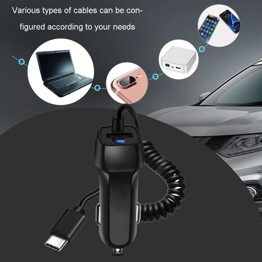 USB Car Charger With Spring USB Cable Cigarette Lighter Cable Micor USB Car Charger Type C Cable Black and White dual usb car charger