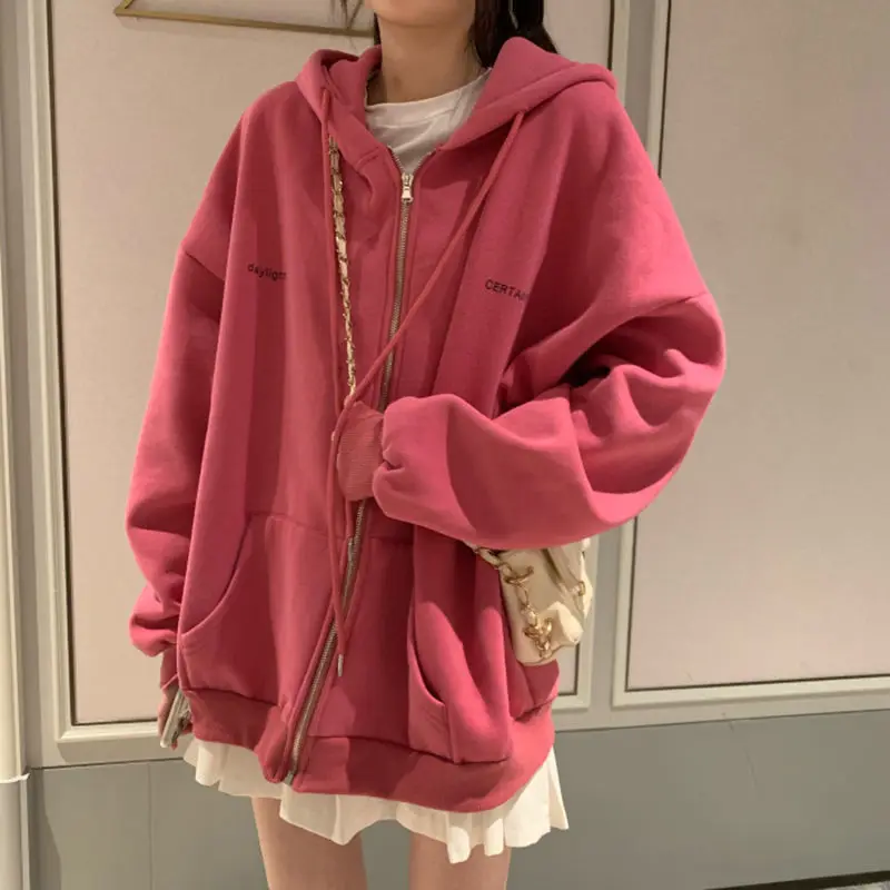 zip-up Women Korean Style hoodies Vintage Solid Color Long Sleeve Oversized Hooded Sweatshirt Lady Women Casual Large Coats
