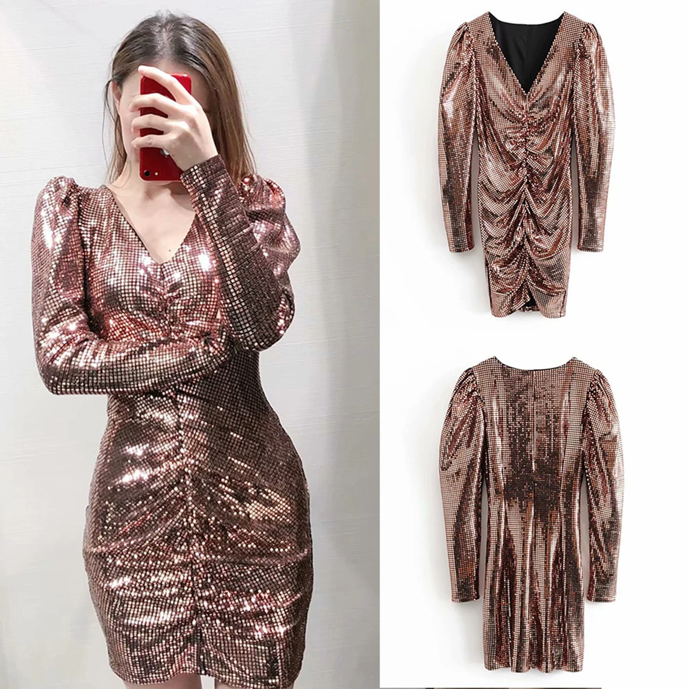 2019 модное женское платье с блестками сексуальное v образный вырез длинный рукав