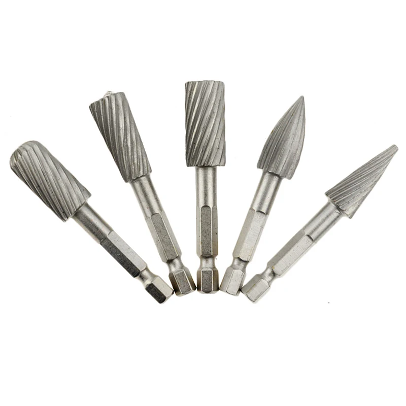

5PCS 1/4" Electric Grinder HSS Rotary Files Burr Rotary Burr Set For Soft Metal Plastic Wood Grinding Carving Rotary Rasp