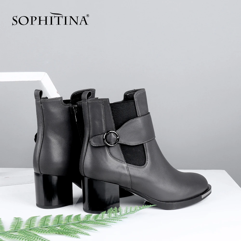 SOPHITINA/ дизайн; ботильоны из натуральной кожи с круглым носком на молнии; женская обувь на высоком квадратном каблуке; модные теплые ботинки; SC638