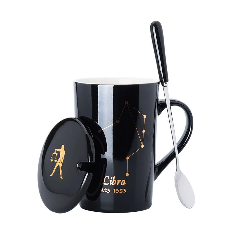 12 Constellations Creative Ceramic Mugs with Spoon Lid Black and Gold Porcelain Zodiac Milk Coffee Cup 420ML Water Drinkware