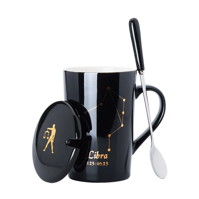 $US $9.09 12 Constellations Creative Ceramic Mugs With Spoon Lid Black And Gold Porcelain Zodiac Milk Coffee 