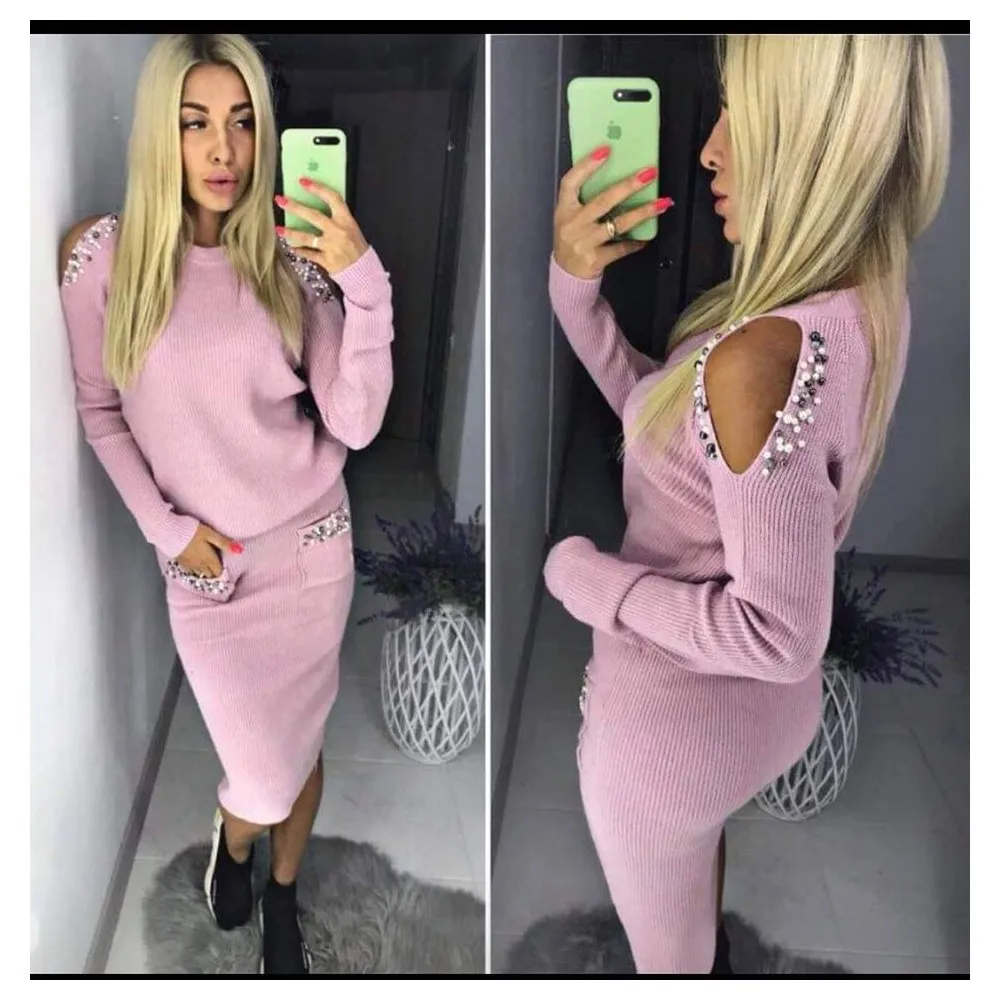 Günstige 2019 Bleading Pullover Frauen Anzüge Mode Schulter Off Ärmel Stricken Pullover Und Rock Zwei Stück Frauen Set Büro Dame Anzug
