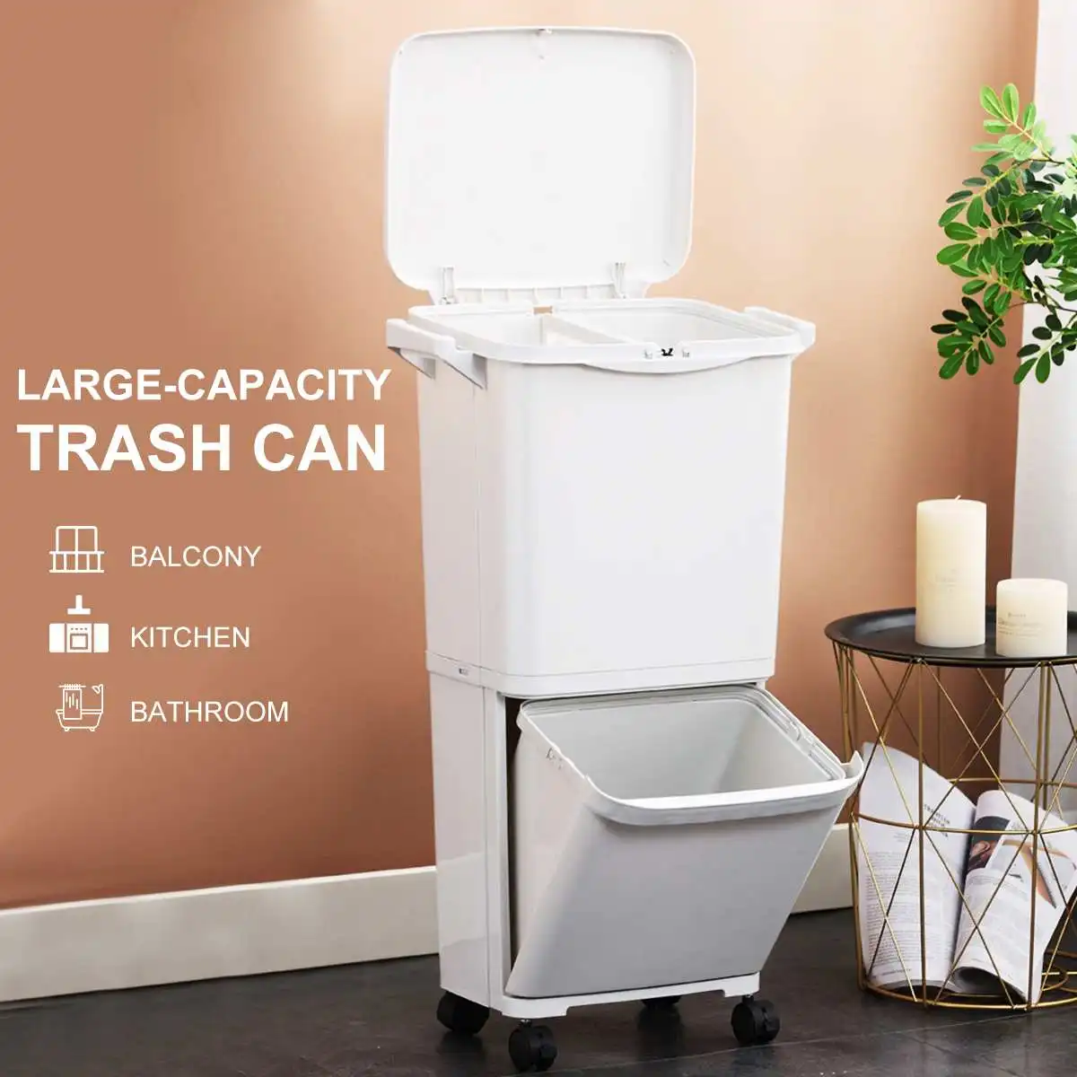 55L 2 Layer Classification Trash Can Kitchen Plastic Dustbin Wet and Dry Push Button Sorting