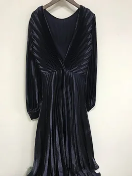 

2020 Early Spring Women's Pleated Dress Long Sleeve Asymmetric French Elegant Long Dress