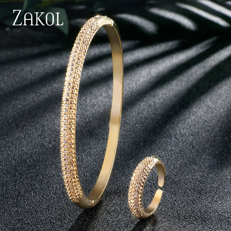 Gold Color ZAKOL винтажный микро инкрустация кубическим цирконием блестящий Классический браслет кольцо набор для женщин юбилей подарок на день рождения ювелирные изделия FSSP1007 - Окраска металла: Gold Color