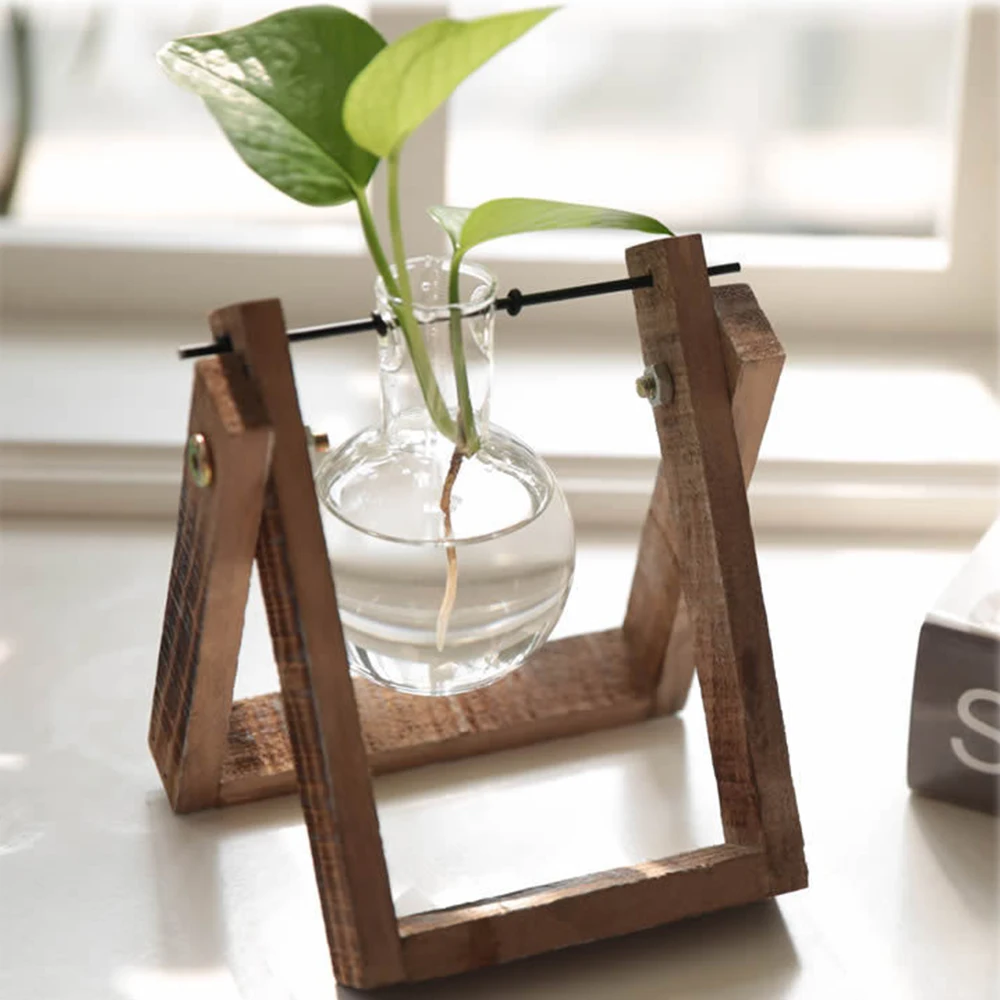 Hydroponic Plant Flower Vases Terrarium Vintage Flower Pot Bulb Transparent Glass Vase Wooden Frame Tabletop Home Bonsai Decor 5