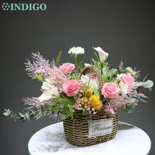 IINDIGO Designed- Pink Rose Flower Basket Flower Arrangement Gift Bouquet Artificial Flower Party Event Free Shipping