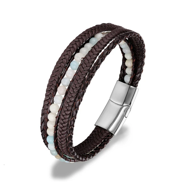 Мужской кожаный браслет 6 мм из натурального камня, тканый многослойный браслет в стиле бохо, мужской браслет ручной работы на магнитной застежке, ювелирное изделие - Окраска металла: Amazon Stone