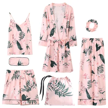 

Summer 7pcs suits Women pajamas Sets long sleeves floral cotton kimono sexy night gown Sleepwear for women pijama