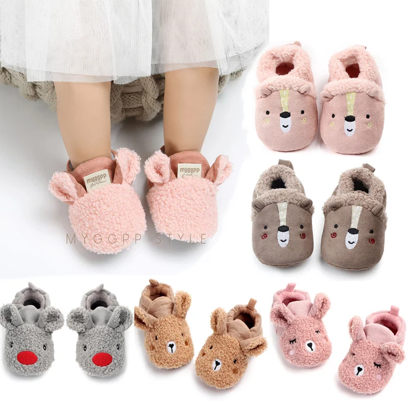 Обувь для новорожденных; обувь для малышей, которая не спадает; милая теплая обувь из флока с рисунком животных; мягкая обувь для малышей; обувь для первых шагов