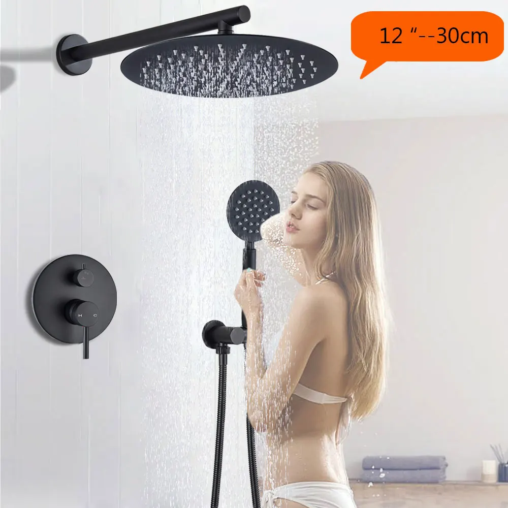 12 inch Wall Mounted Черный потолочный смеситель для душа набор в стене Скрытая Душевая система смеситель для душа и ванной кран из нержавеющей стали - Цвет: 12 inch Wall Mounted