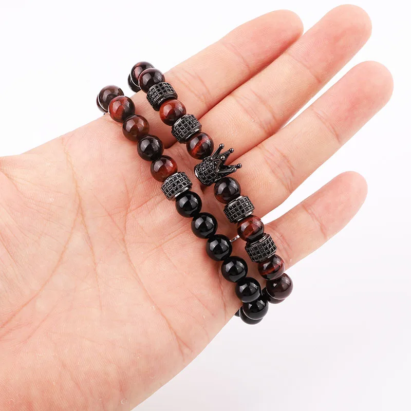 High Quality Natural Red Tiger Eye Onyx Stone Beads Cubic Zircon Charm Elastic Beads Bracelet Set Jewelry Men - Image 2