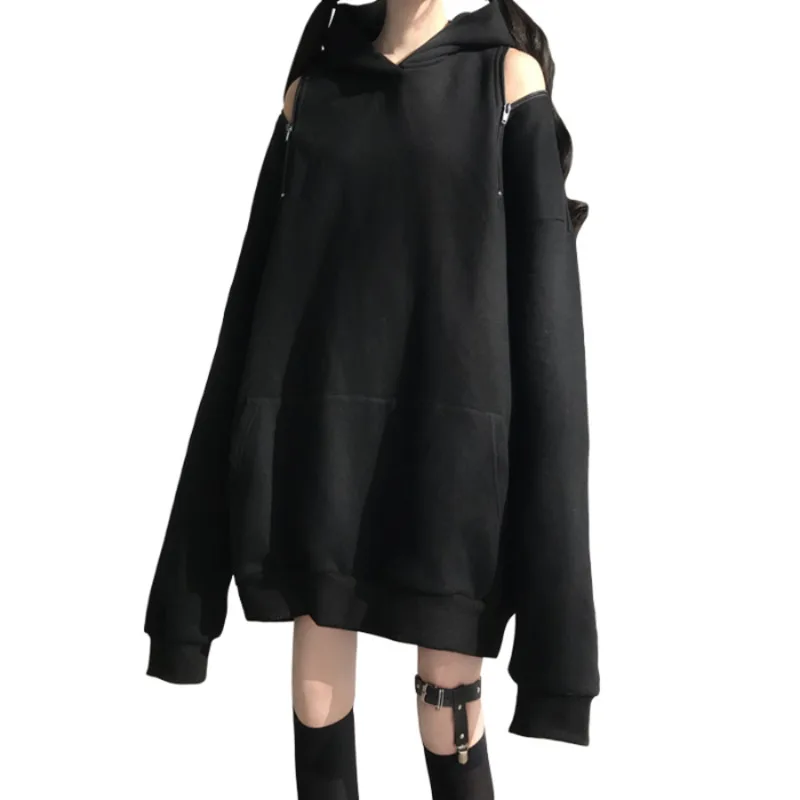 

Женская Длинная толстовка с капюшоном, свободная однотонная Толстовка в готическом стиле, пуловер на молнии с открытыми плечами и карманами, осень 2024