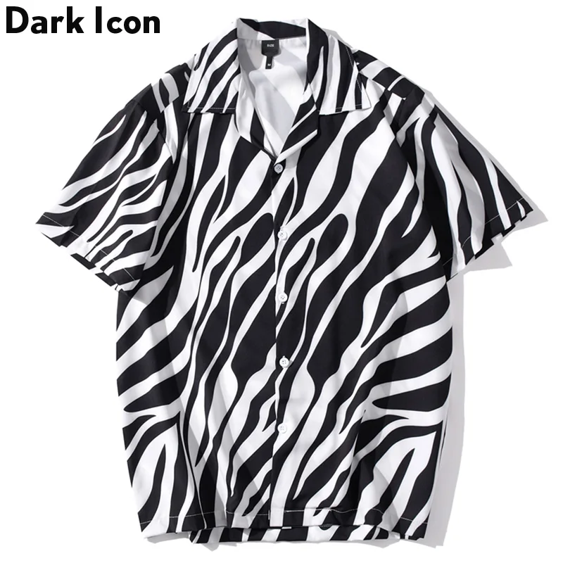 Dark Icon Zebra Print Street Fashion Shirt Men Turn-down Collar Vintage Style Men's Shirts Short Sleeved Dark Icon Zebra Print Street Fashion Shirt Men Turn-down Collar Vintage Style Men's Shirts Short Sleeved
