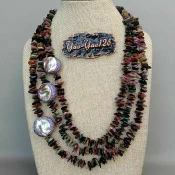 

21'' 3 Strands Natural Multi color Tourmaline Purple Keshi Pearl Necklace