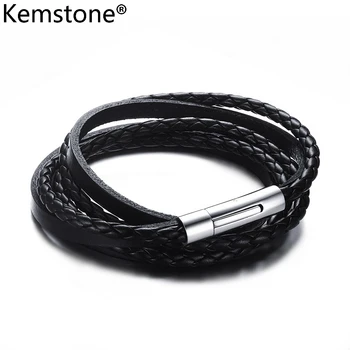 

Kemstone 55CM/62CM Stainless Steel Genuine Leather Silicone Black Trible Layer Vintage Wrap Bracelet Jewelry Gift For Men