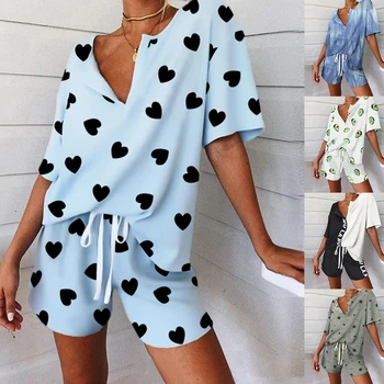 

Women Pajamas Set V Neck Knitted Cotton Pyjamas Leisure Sleepwear Nightwear Pijama Mujer Plus size Shorts Women Clothes Homewear