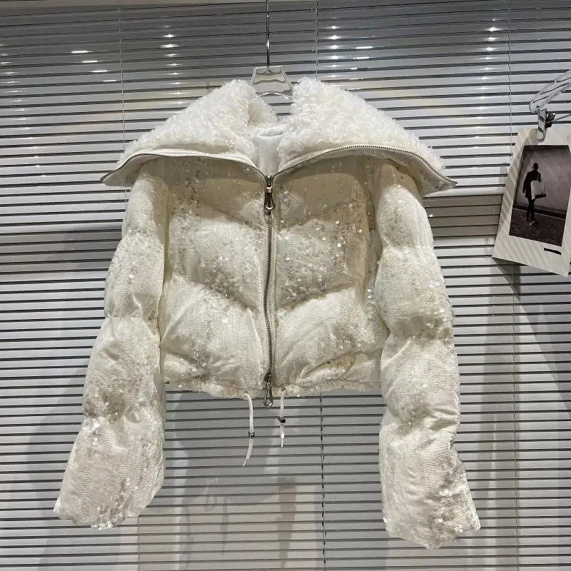 2024 New Hand Brushed Navy Collar Covered with Sequin Velvet Short Cotton Star Coat Winter Clothes Women Bubble Jacket Puffer