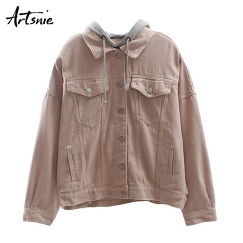 

Artsnie autumn 2019 pink denim jacket women hooded long sleeve jeans coats streetwear casual pockets winter jackets female