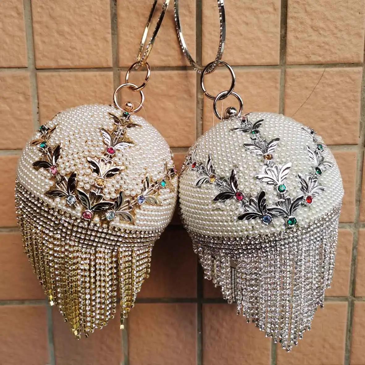 Fashion Luxury Ball Designer Wristlets Evening Bags Golden Silver Crystal tassel Pearl Handbags Circular Clutch Bags