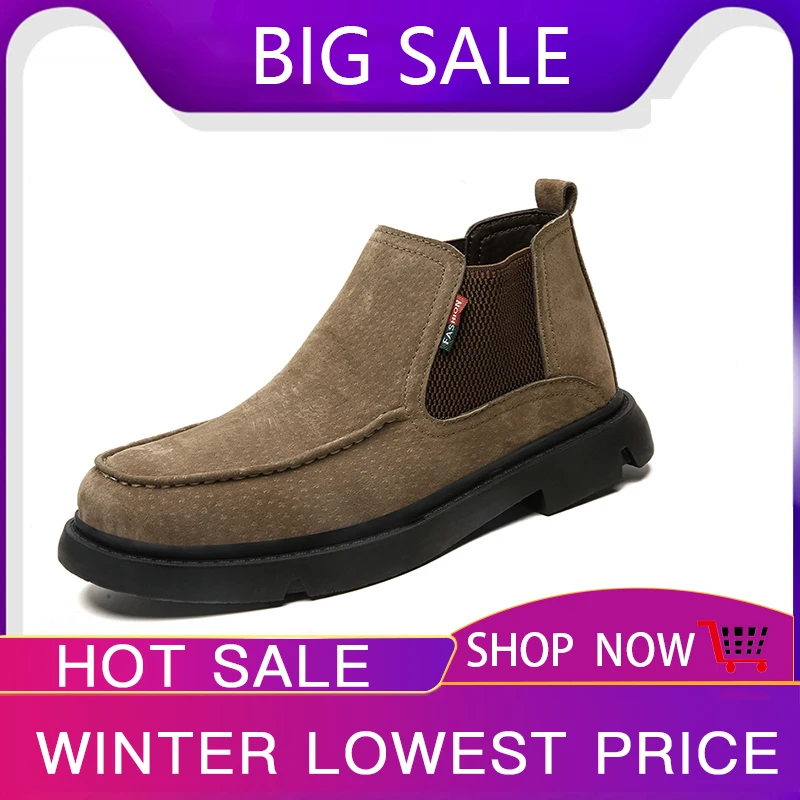 

New Winter Boots Men Suede Waterproof Men Winter Work Safety Fur Plush Warm Shoes Mens Fashion High Top Warm Work Shoes Big Size
