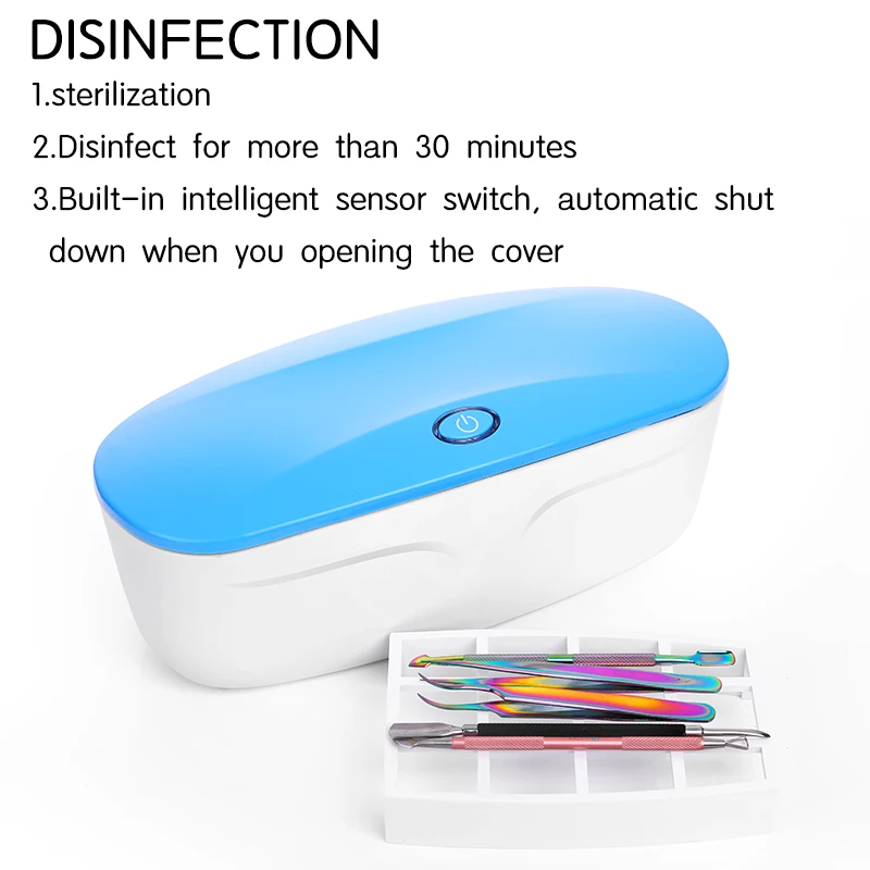Billige 1 Pc UV Desinfektion Box Blau USB Kabel Smart Sensing Schwamm Pinsel Reiniger Box Lidschatten Erröten Pinzette USB Port sterilisator