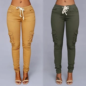 

Spring Summer Women Pants Ladies Multi-bag Drawstring Tie Casual Pants Solid Color High Waist Pants Female Long Trousers