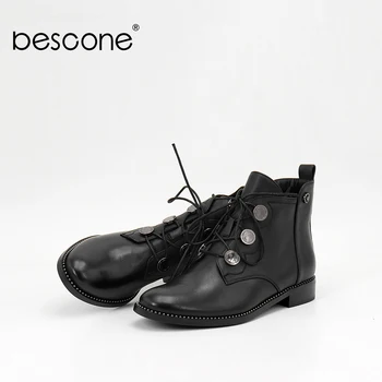 

BESCONE Genuine Leather Women Boots Square Heel Skidproof Wear-resisting Comfortable Shoes Metal Decoration Ladies Boots BL27