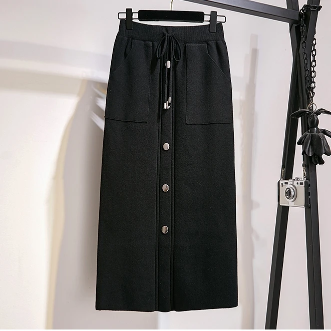 Winter Autumn Skirts Womens Knitting Wool Straight Long Skirt High Waist Elastic Drawsting Pockets Saia Midi Skirts - Цвет: Black