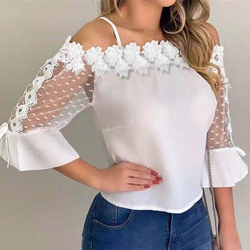 

Women Lace Applique Cold Shoulder Blouse Tops