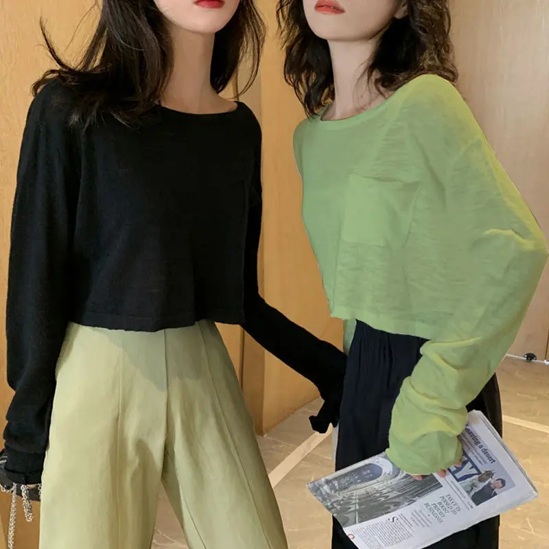 

T-shirts Women Long Sleeve Crop Top Solid Thin Sun-proof Korean Style Loose All-match Teens T-Shirt Womens Trendy Ulzzang New