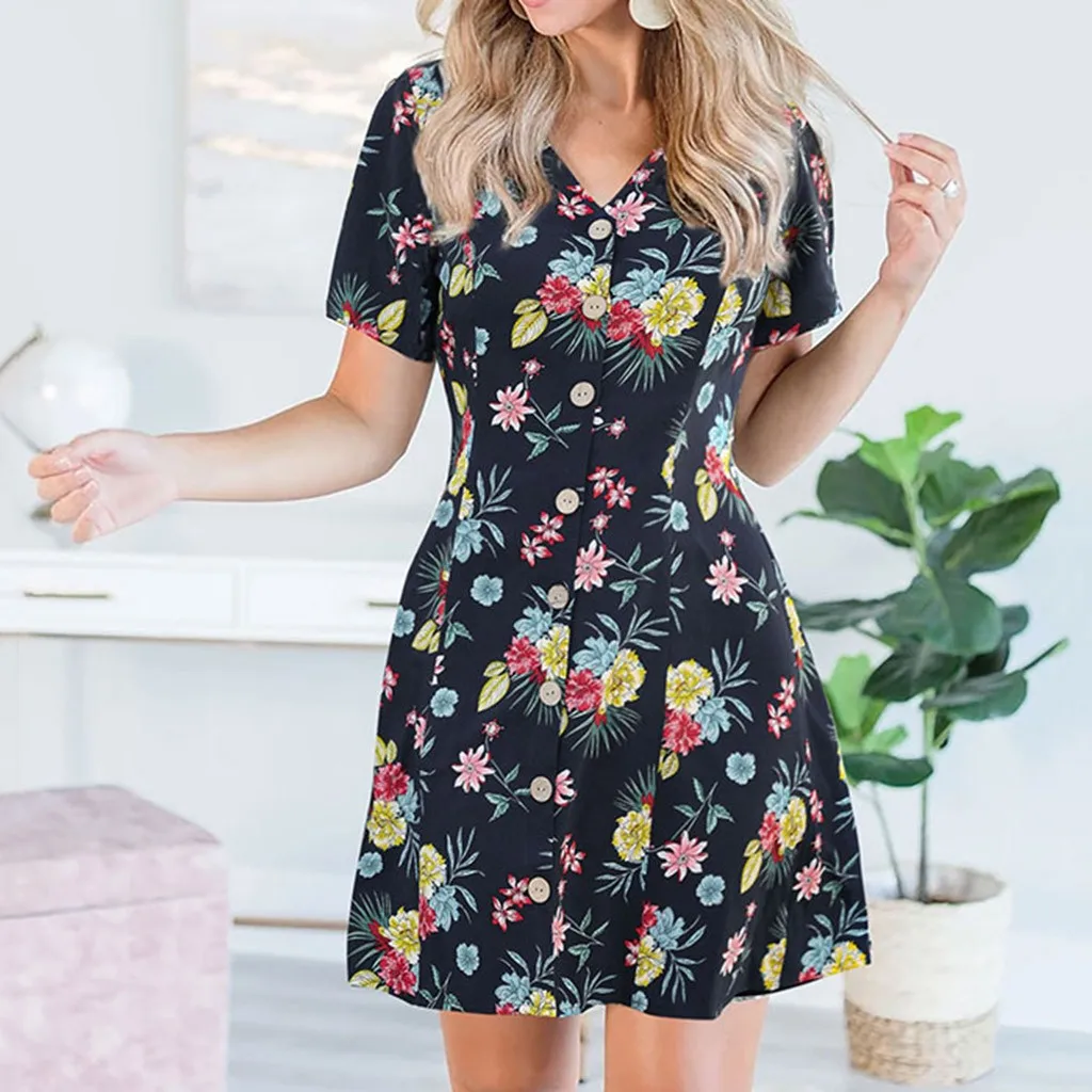 Women Dress Fashion Print V-neckline Plus Size Dresses Button Dress Short Sleeve Holiday Party Dress vestidos dress women платье