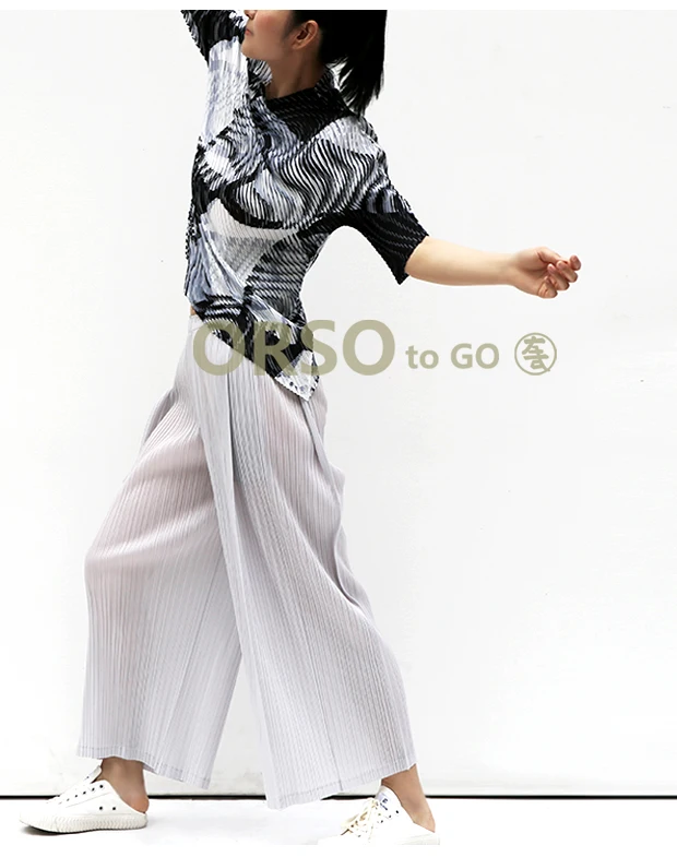 HOT SELLING Miyake fashion solid mid waist wide leg pants pleated pants IN STOCK